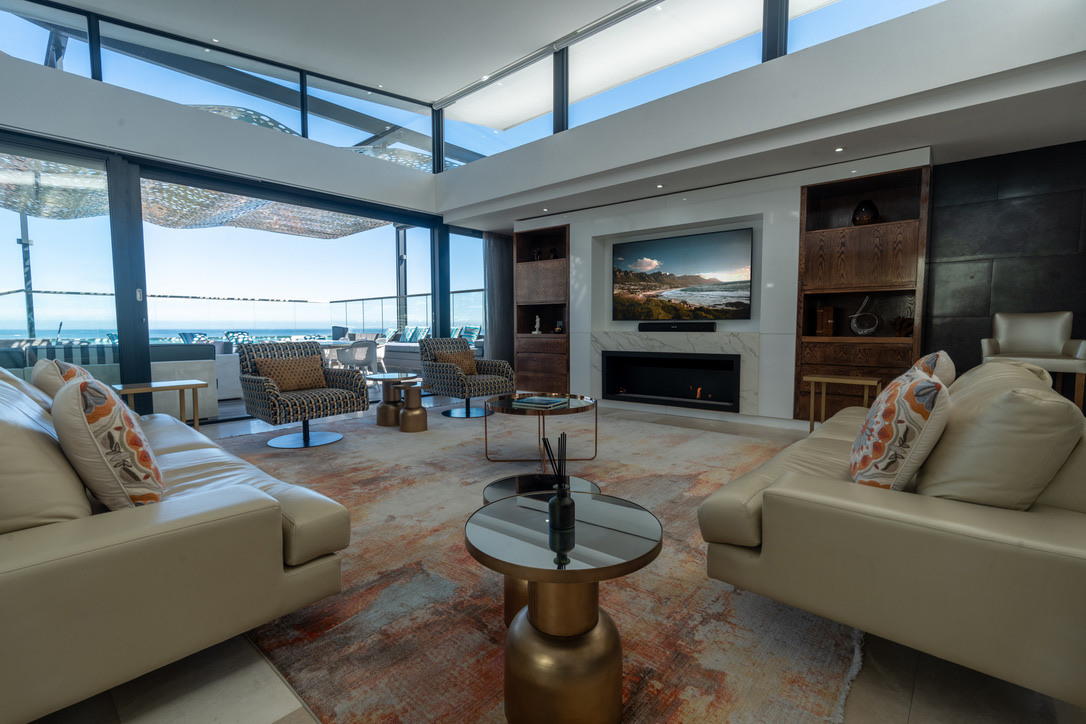 Open-plan lounge with fireplace
